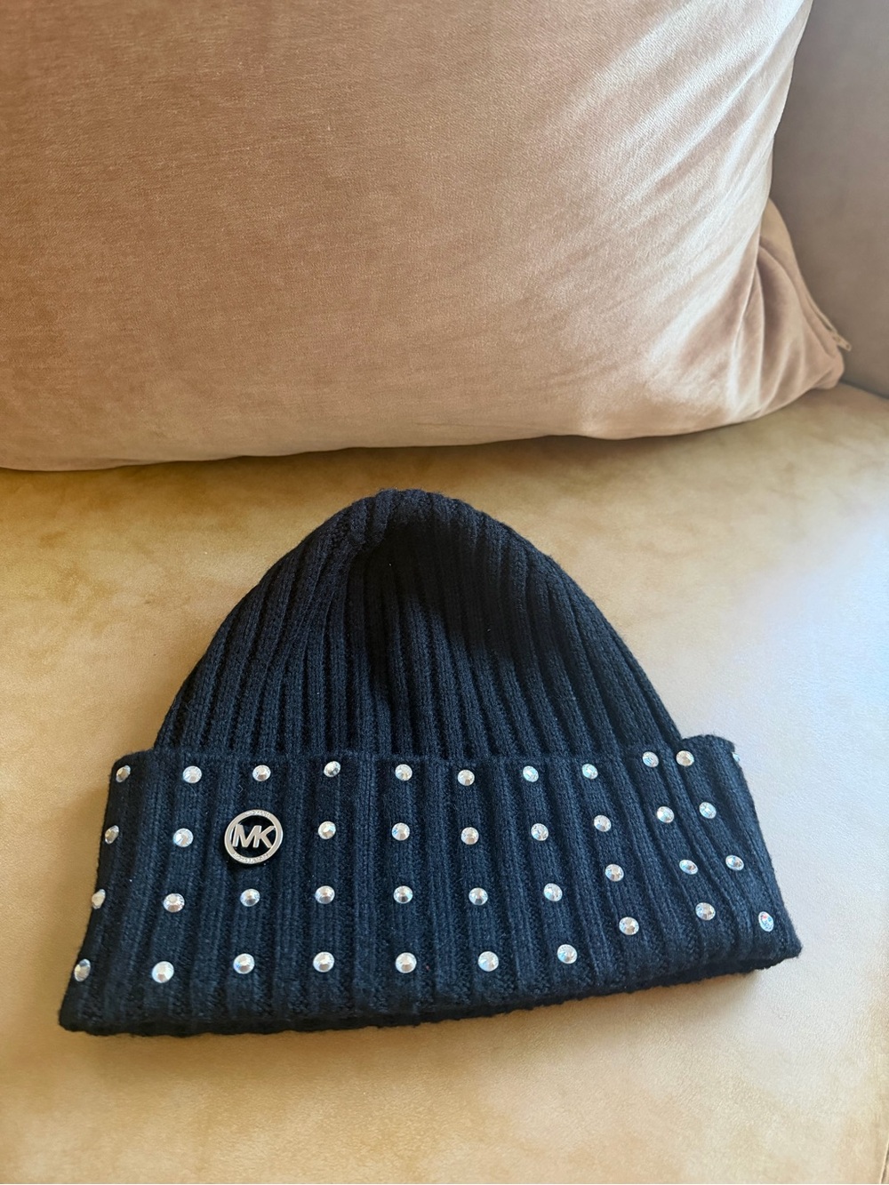 Michael Kors Black Ribbed Beanie with Stud Accents